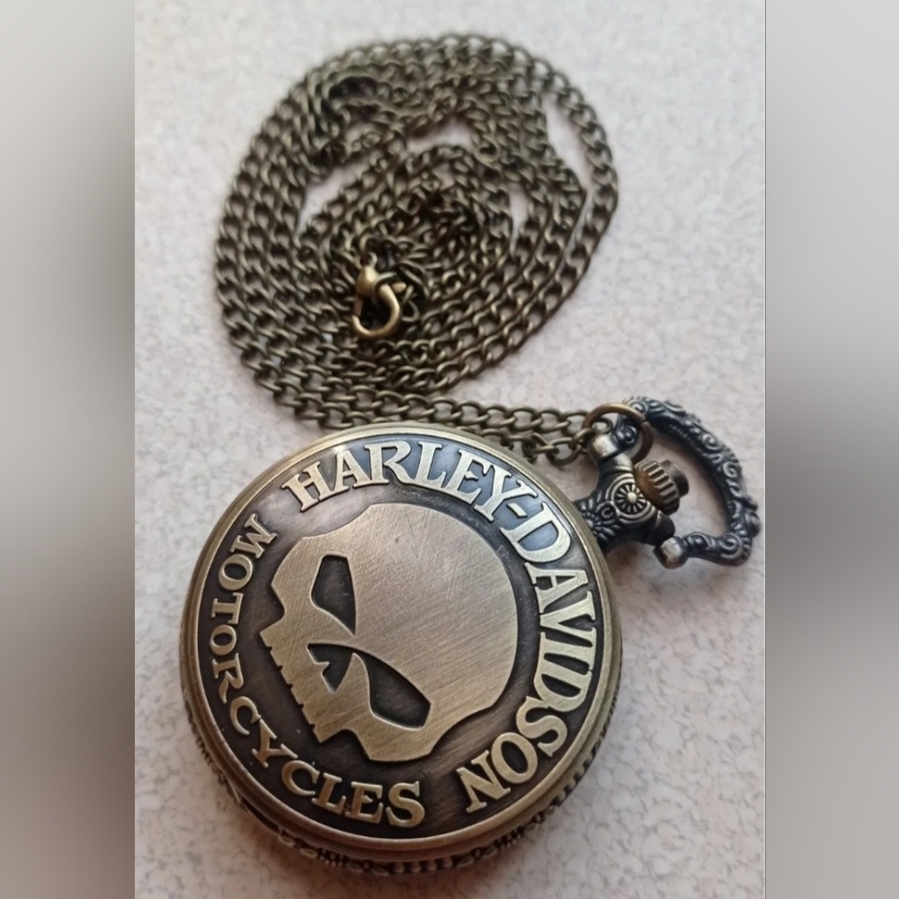 New Harley Davidson Willie G Biker Skull Bronze Color Quartz Pocket Watch